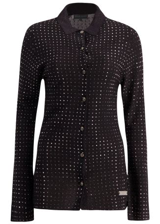 Black crystal-embellished metallic-knit shirt