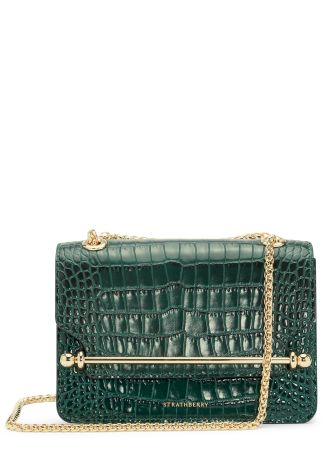 East/west mini green croc-embossed leather shoulder bag