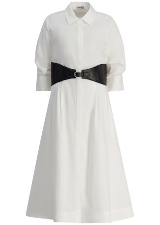 Olson white belted cotton midi dress