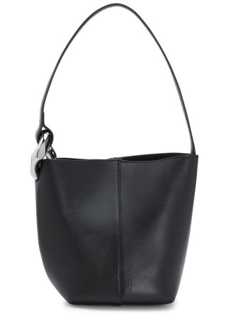 Corner black leather bucket bag