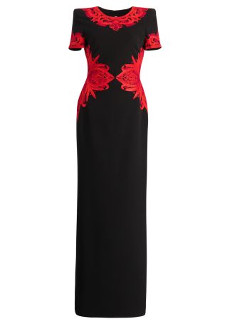 Ribbon-embroidered crepe gown