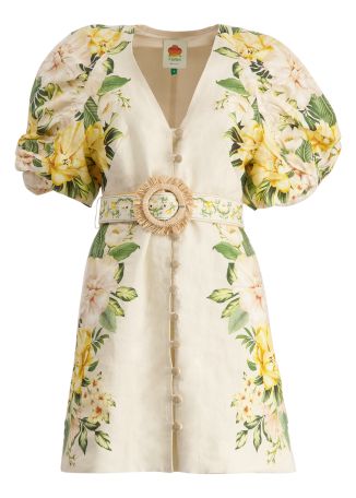 Sand garden cascade printed linen midi dress