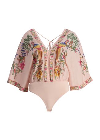 Delicate forest embroidered cotton-blend bodysuit