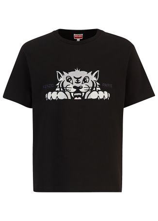 Happy tiger black embroidered cotton t-shirt