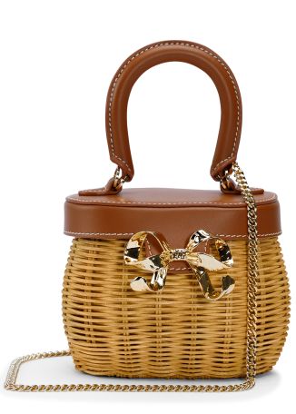 Brown bow-embellished leather and rattan top handle bag