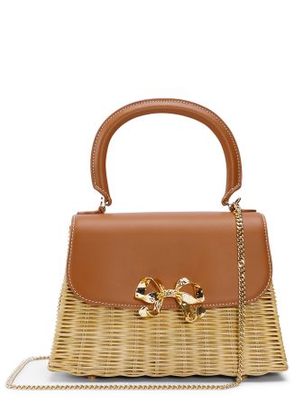 Brown bow-embellished leather and rattan top handle bag