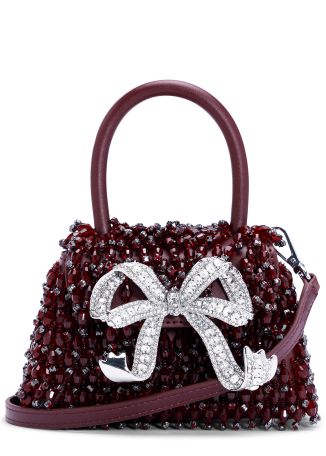 Burgundy bead-embellished leather top handle bag