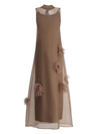 Albee brown feather-embellished organza maxi dress