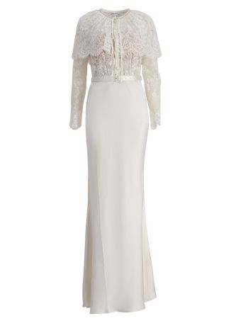 White cape-effect lace and satin maxi dress