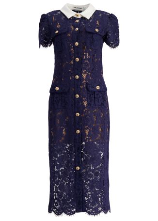 Navy floral-lace cotton-blend midi dress