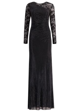 Black rhinestone-embellished lace maxi dress