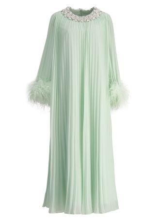 Green pleated chiffon midi dress