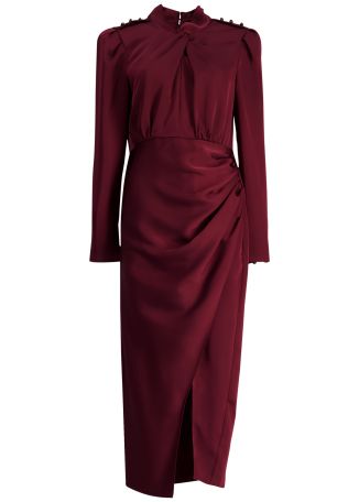 Burgundy draped satin midi dress