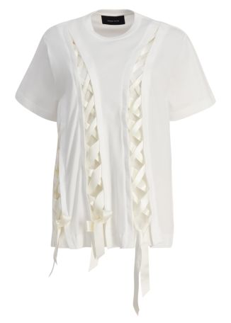 White ribbon-embellished cotton t-shirt