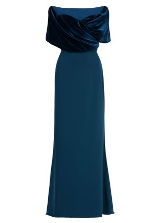 Blue cape-effect velvet and crepe gown