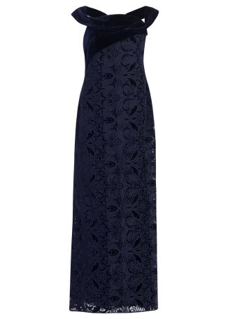 Navy off-the-shoulder velvet and lace gown