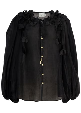 Camille black floral-embellished linen-blend blouse