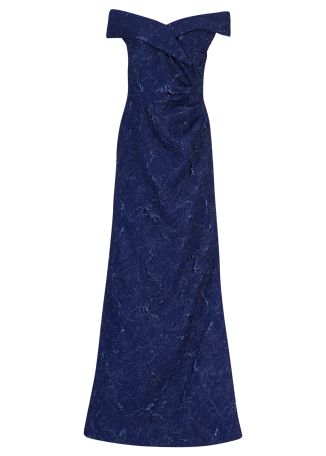 Blue off-the-shoulder metallic-jacquard gown