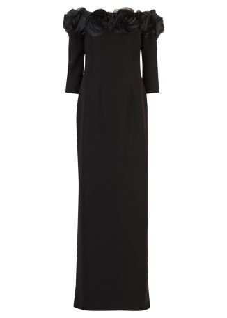 Black off-the-shoulder crepe gown