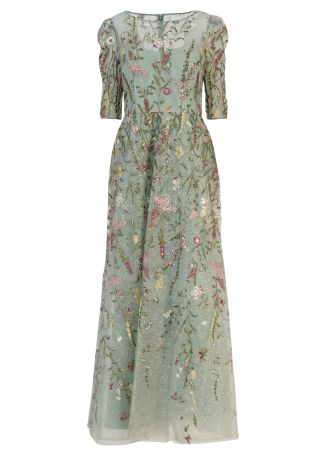 Floral-embroidered tulle gown