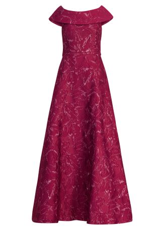 Red metallic-jacquard gown