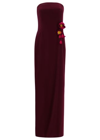 Burgundy strapless stretch-cotton gown