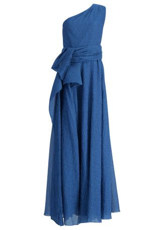 Blue one-shoulder organza cloque gown