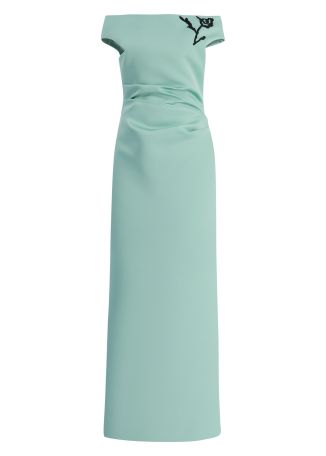 Green off-the-shoulder satin gown