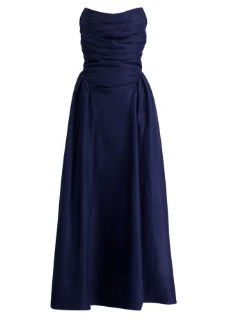 Celeste navy panelled linen-blend maxi dress