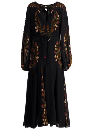 Black berry garden floral-print georgette maxi dress