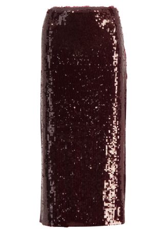 Burgundy sequin-embellished midi skirt