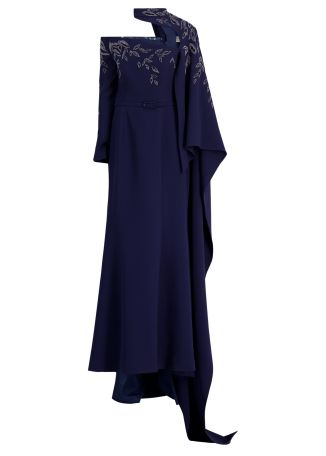 Navy off-the-shoulder crepe gown