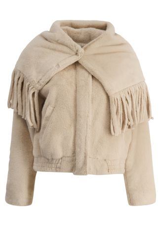 Kael beige fringe-trimmed faux fur bomber jacket