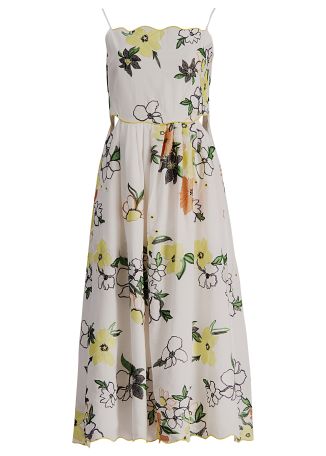 Floral-embroidered linen-blend midi dress