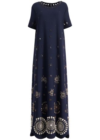 Navy crystal-embellished wool-blend kaftan