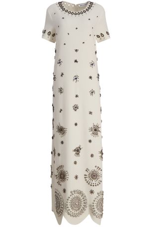 Ivory crystal-embellished wool-blend kaftan