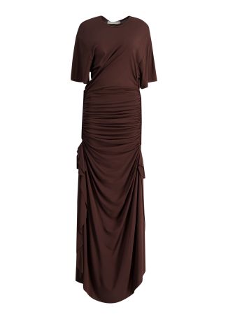 Brown ruched jersey maxi dress