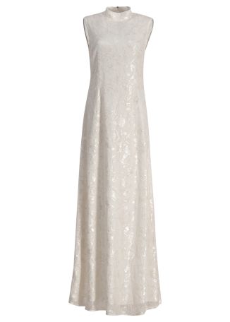 White sequin-embellished lace maxi dress