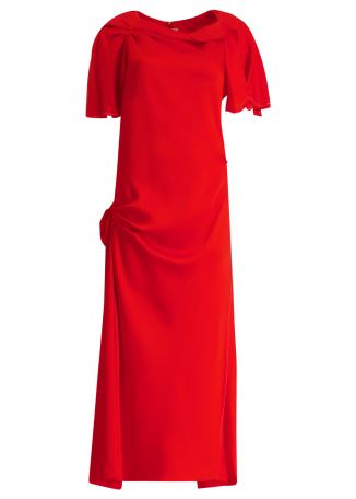 Red draped satin midi dress