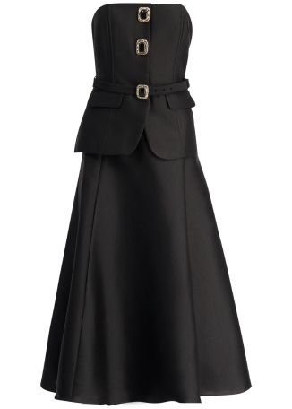 Black strapless taffeta midi dress