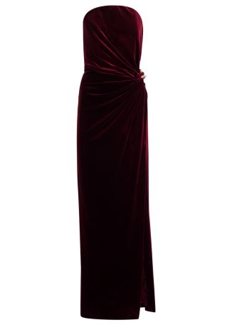 Burgundy strapless velvet maxi dress