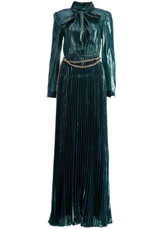 Green metallic satin maxi dress