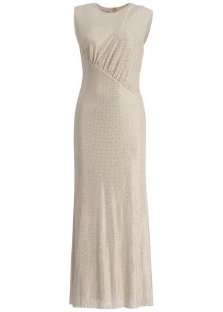 Beige rhinestone-embellished mesh midi dress