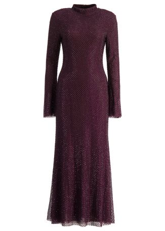 Burgundy rhinestone-embellished mesh midi dress