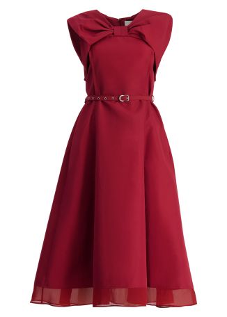 Red bow-embellished cotton-blend midi dress