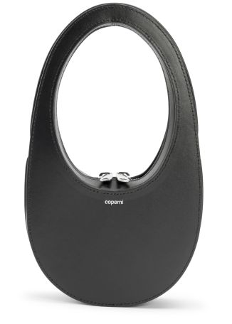 Mini swipe black logo-embossed leather top handle bag