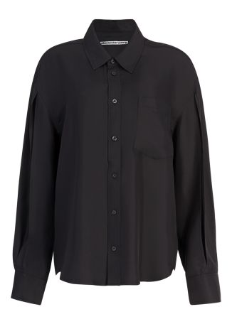 Black split-sleeve silk shirt
