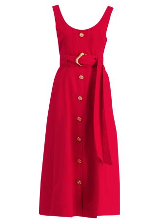 Leonie red belted linen-blend midi dress