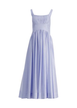 Mist blue gathered linen-blend midi dress