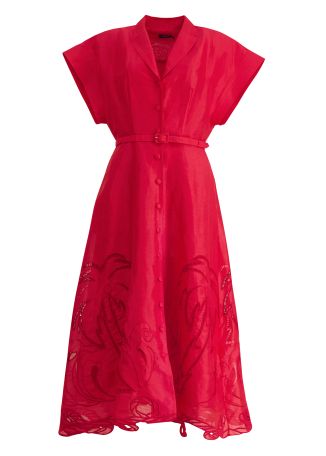 Aubrey red embroidered linen-blend midi dress